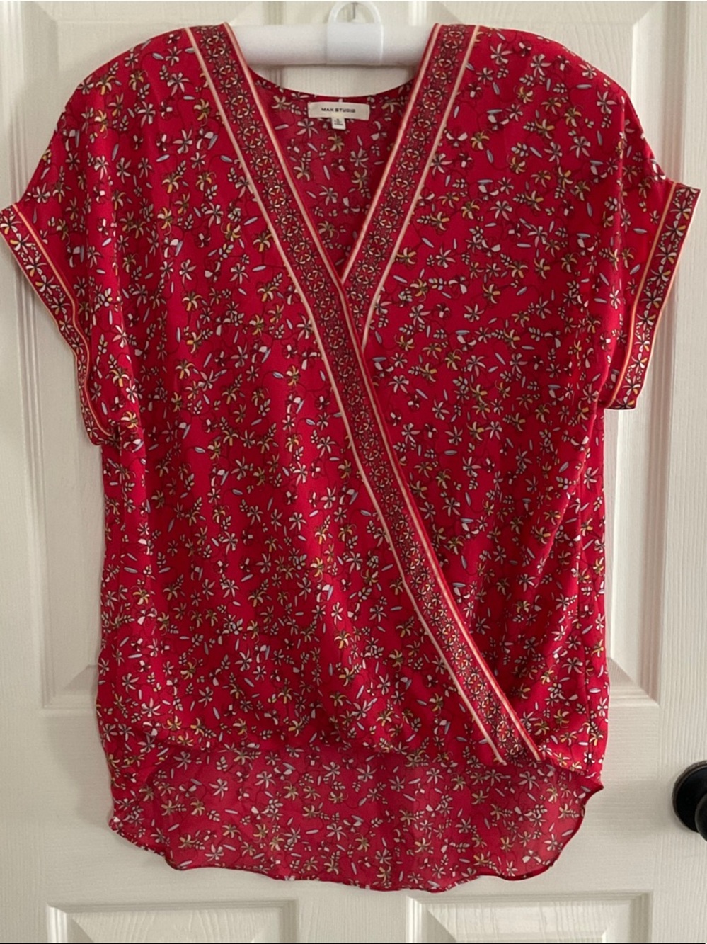Max Studio Bright Red Floral Faux-Wrap Blouse